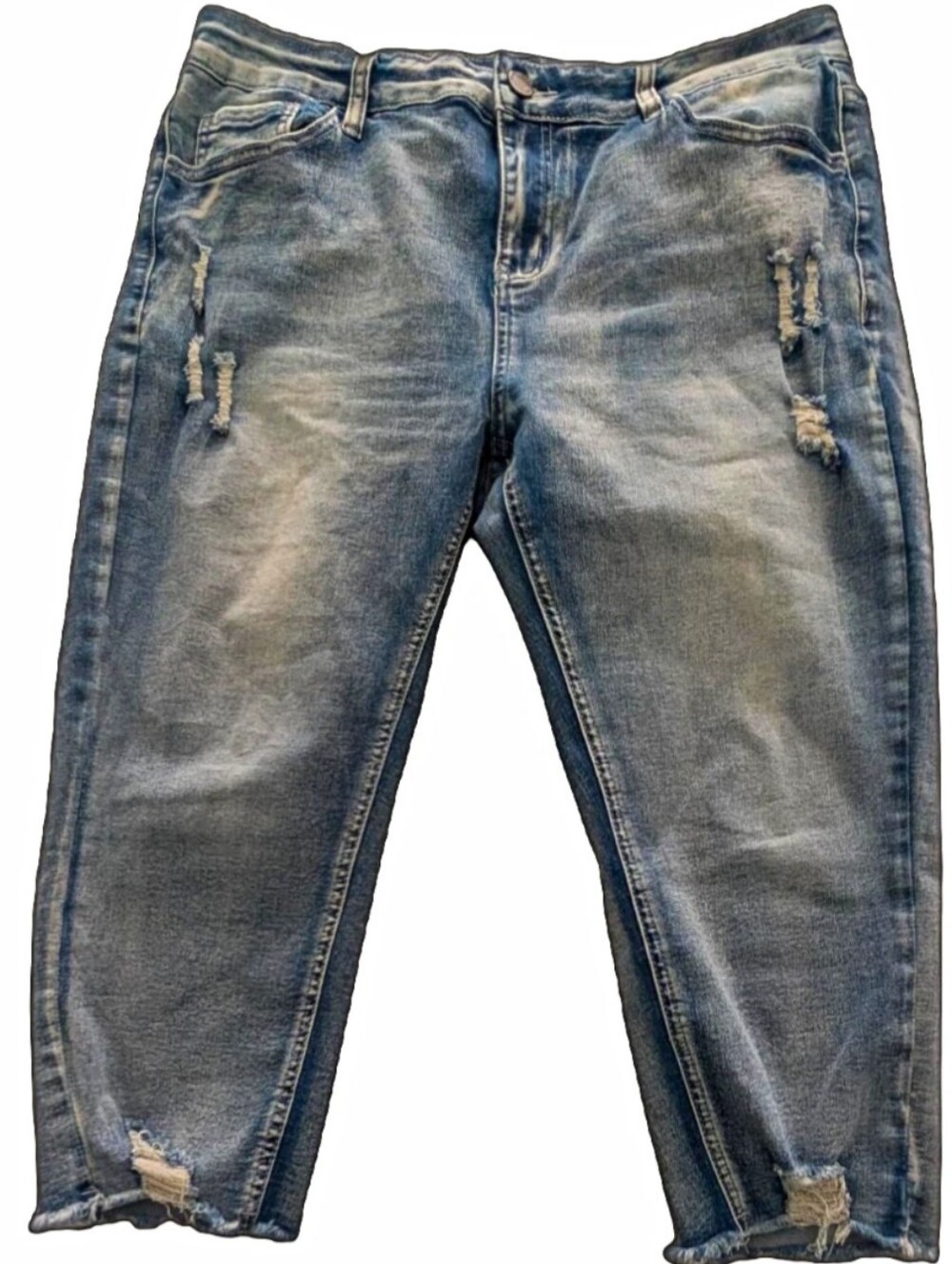 Woman's Roswear Distressed Blue Denim Capri Jeans - Casual Slim Fit
